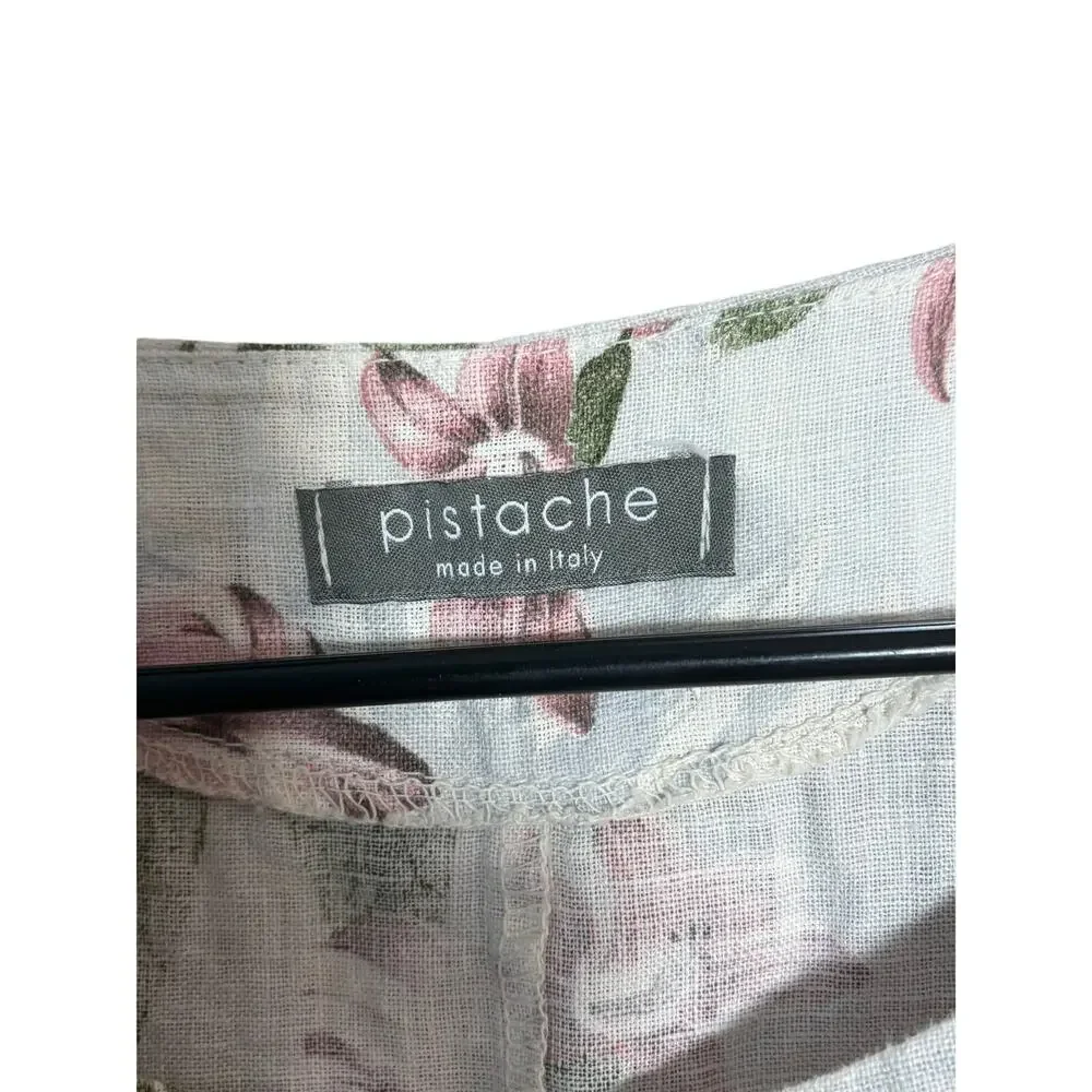 Pistache Italy 100% Linen Floral Top Medium Tropical Botanical Blouse Resort - Picture 5 of 7